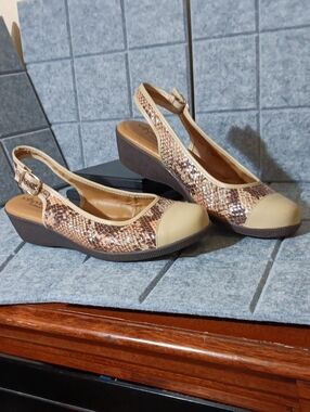 Softspots Snake-Print Slingback Wedges in Beige and Brown